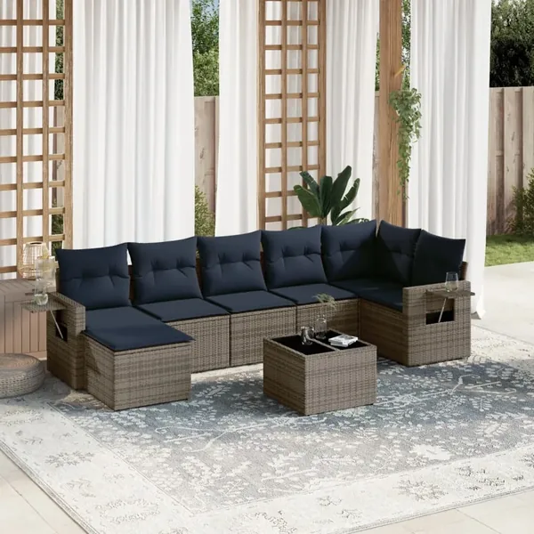 Ensemble de canapé de jardin 8 pcs avec coussins gris résine tressée
