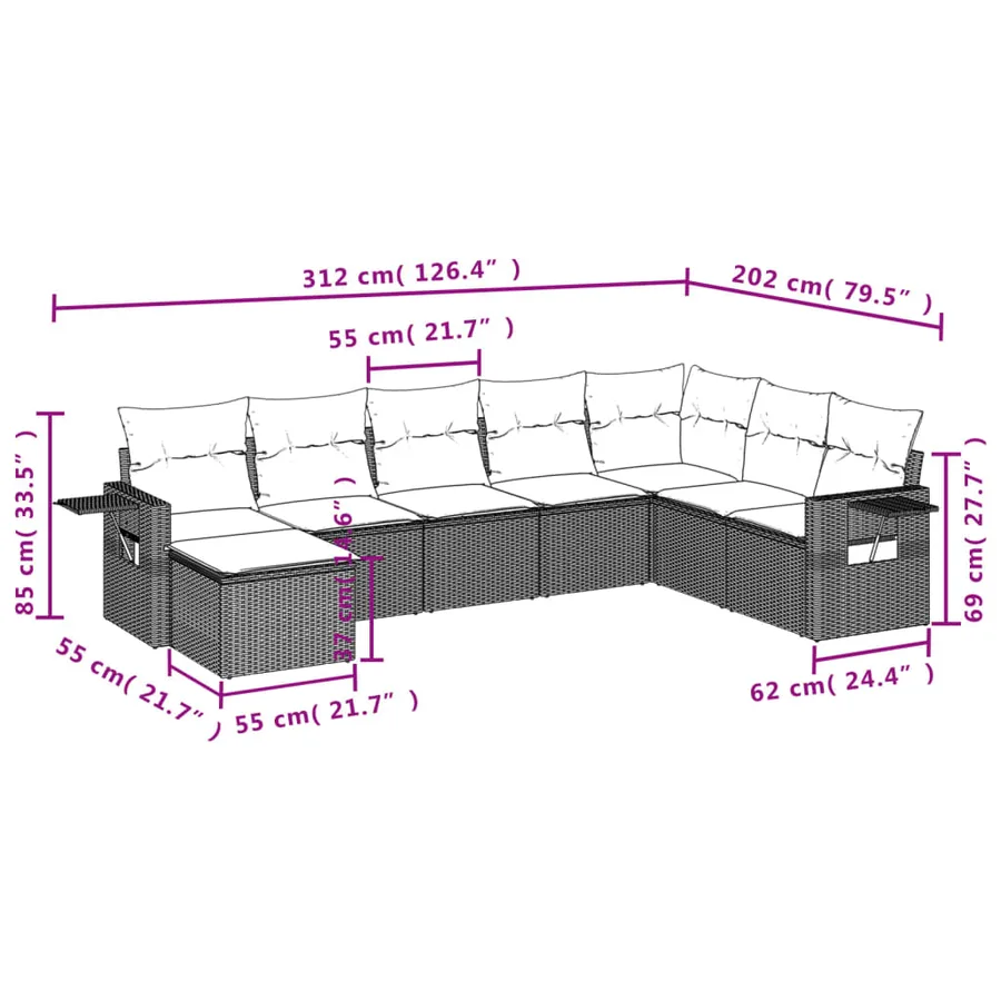 Ensemble de canapé de jardin 8 pcs avec coussins gris résine tressée - 9