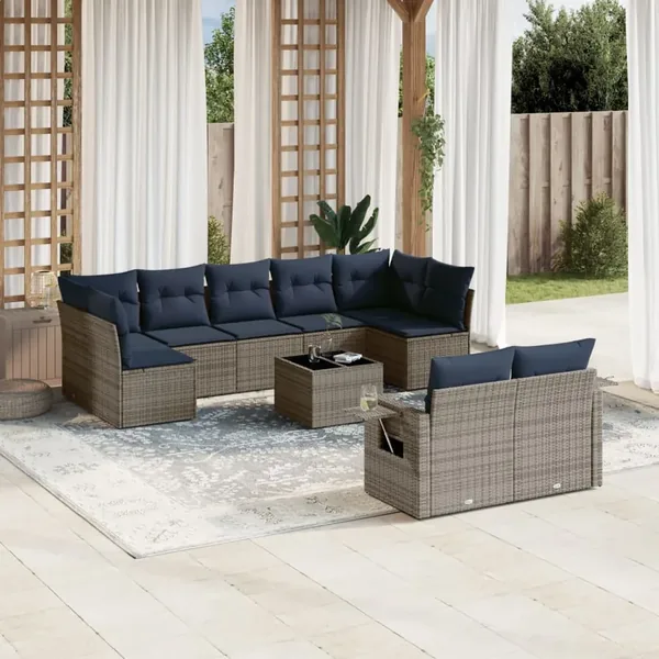 Ensemble de canapé de jardin 10 pcs avec coussins gris résine tressée