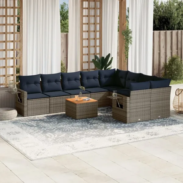 Ensemble de canapé de jardin 10 pcs avec coussins gris résine tressée