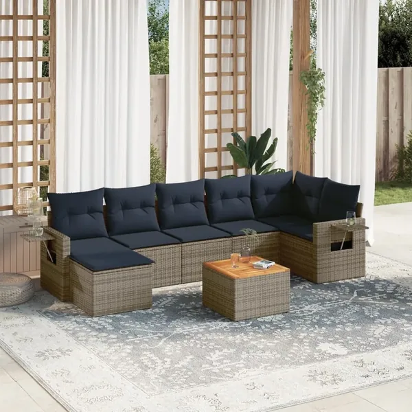 Ensemble de canapé de jardin 8 pcs avec coussins gris résine tressée