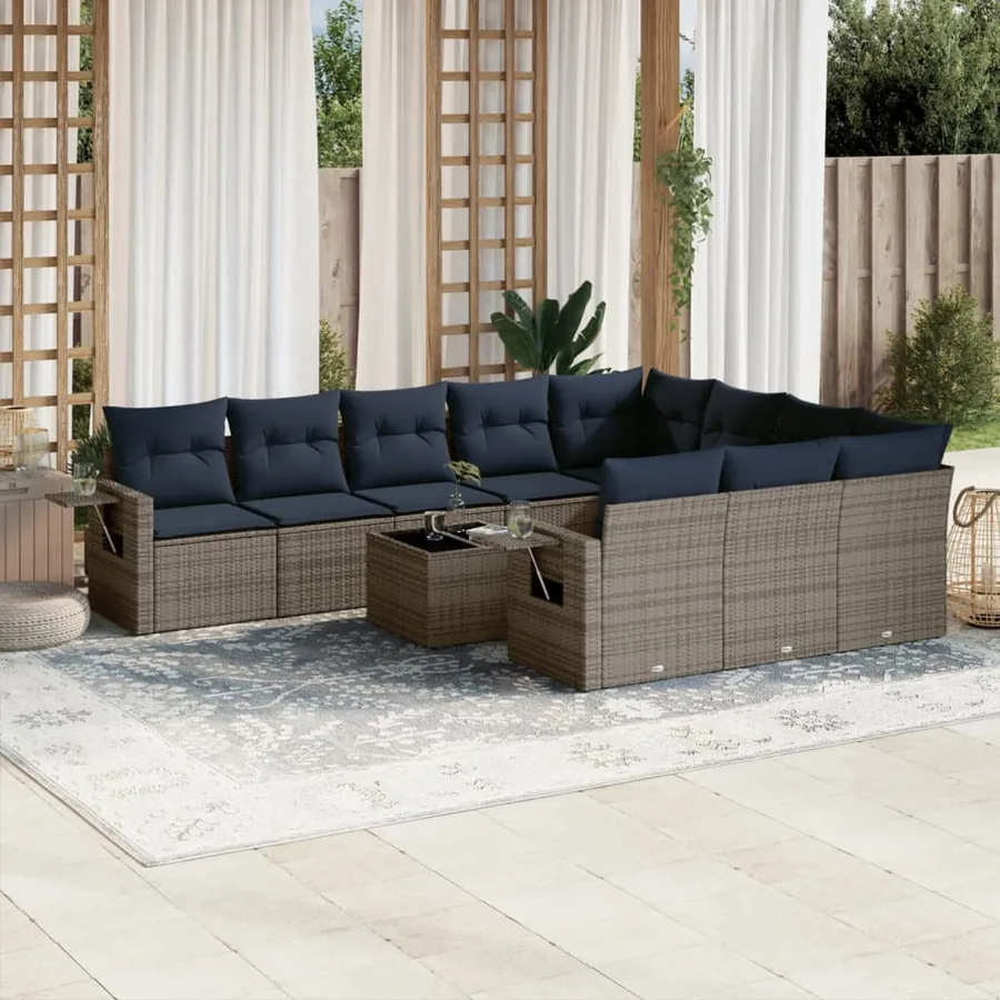 Ensemble de canapé de jardin 11 pcs avec coussins gris résine tressée