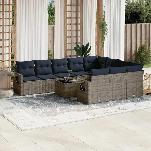 Ensemble de canapé de jardin 11 pcs avec coussins gris résine tressée