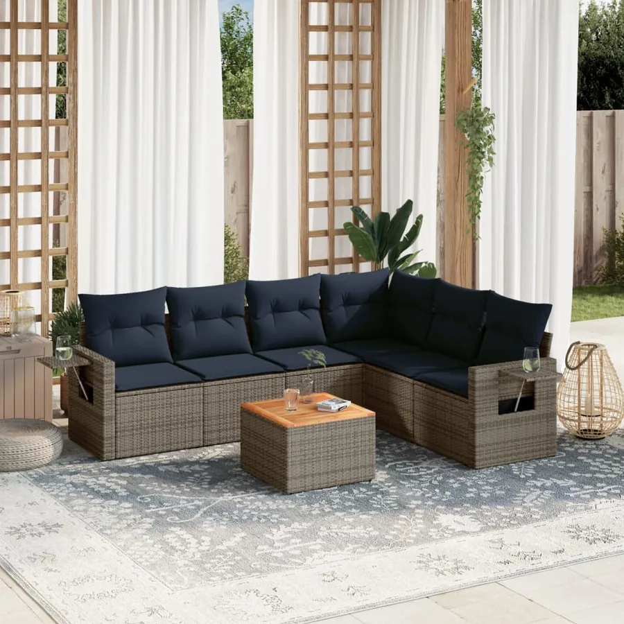 Ensemble de canapé de jardin 7 pcs avec coussins gris résine tressée
