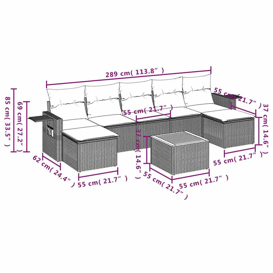 Ensemble de canapé de jardin 8 pcs avec coussins gris résine tressée - 9