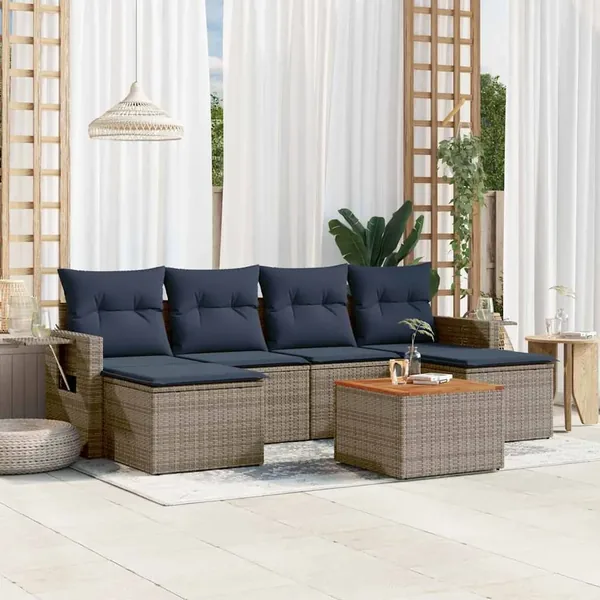 Ensemble de canapé de jardin 7 pcs avec coussins gris résine tressée