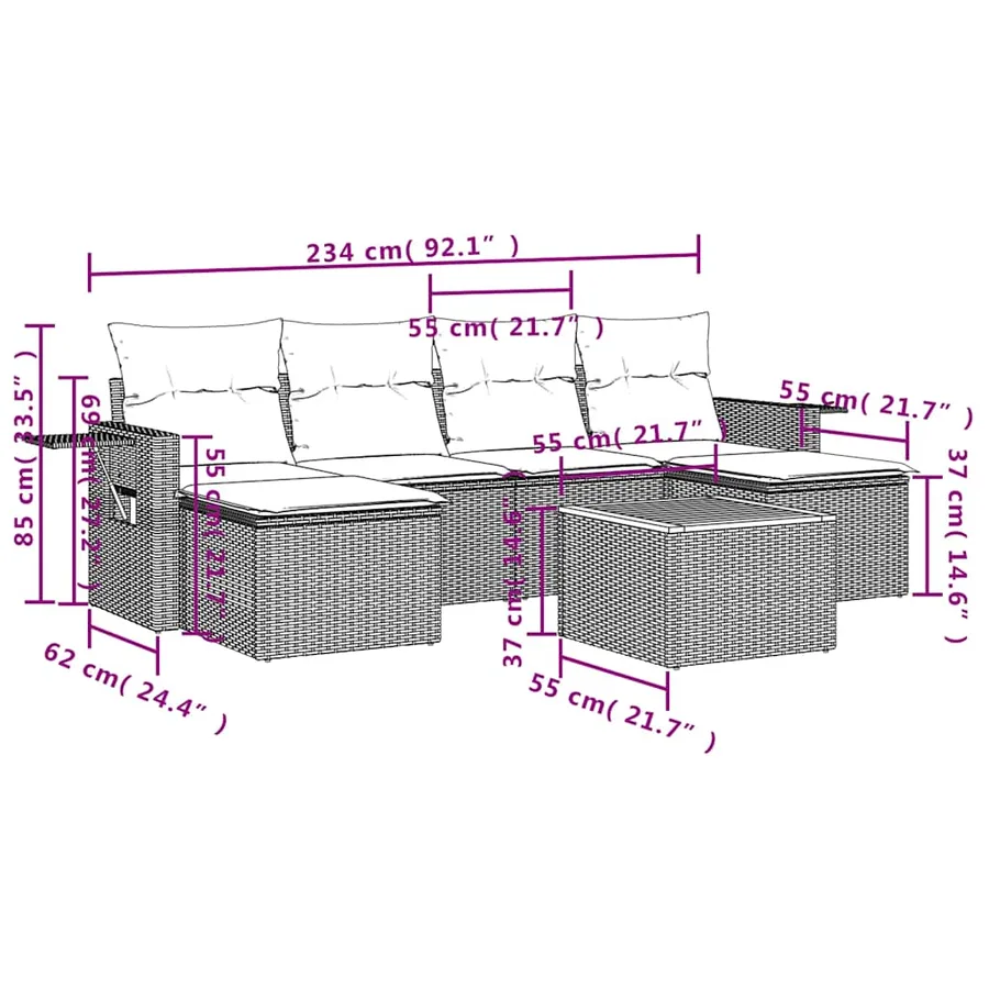Ensemble de canapé de jardin 7 pcs avec coussins gris résine tressée - 9