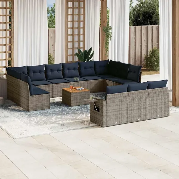Ensemble de canapé de jardin 14 pcs avec coussins gris résine tressée
