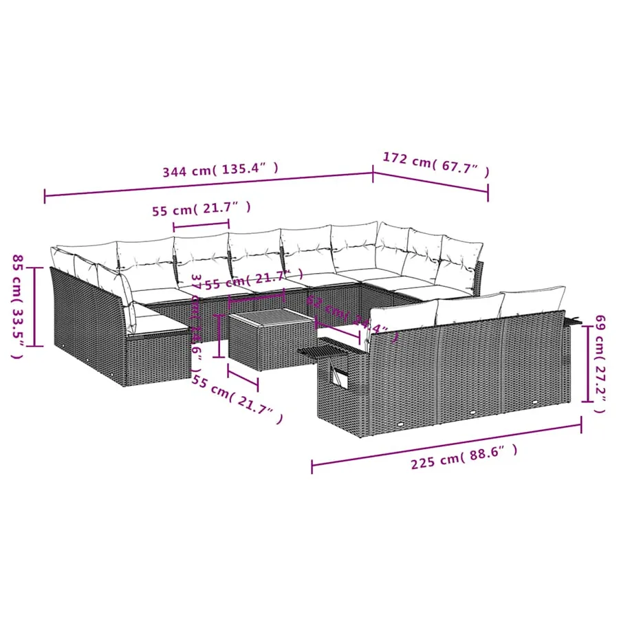 Ensemble de canapé de jardin 14 pcs avec coussins gris résine tressée - 9