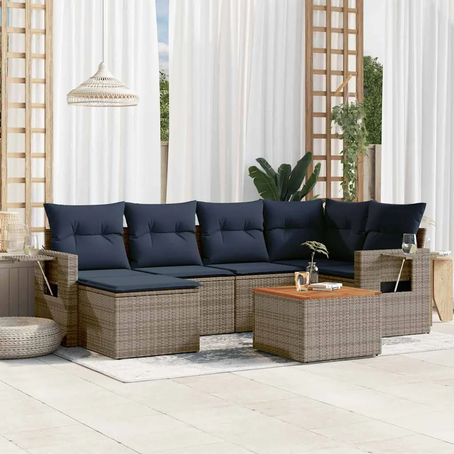 Ensemble de canapé de jardin 7 pcs avec coussins gris résine tressée