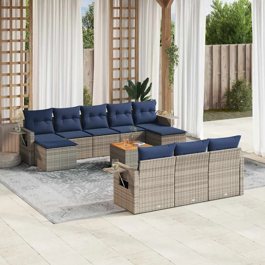 Ensemble de canapé de jardin 11 pcs avec coussins gris résine tressée