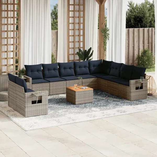 Ensemble de canapé de jardin 11 pcs avec coussins gris résine tressée