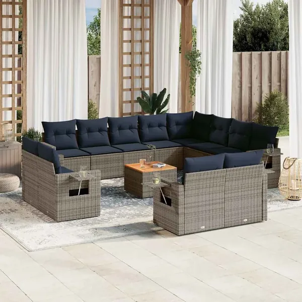 Ensemble de canapé de jardin 13 pcs avec coussins gris résine tressée