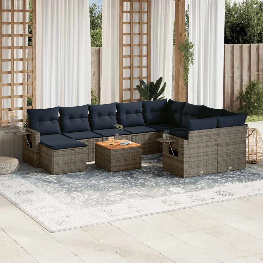 Ensemble de canapé de jardin 11 pcs avec coussins gris résine tressée