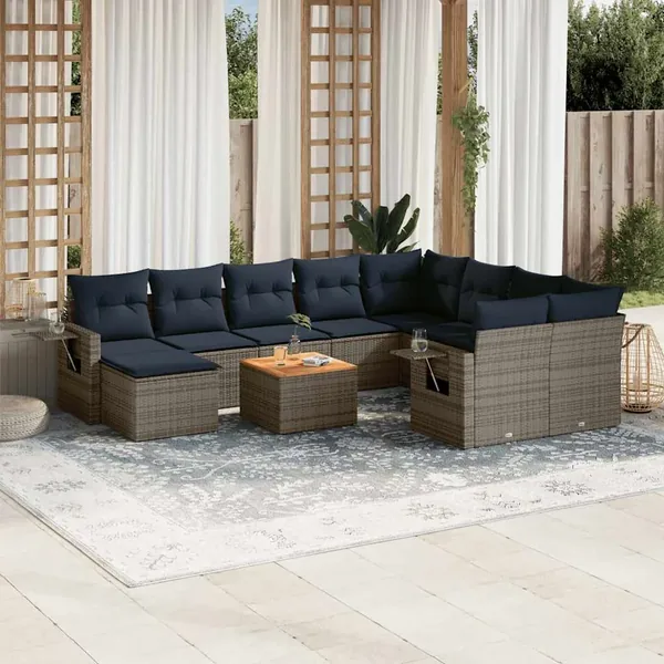 Ensemble de canapé de jardin 11 pcs avec coussins gris résine tressée