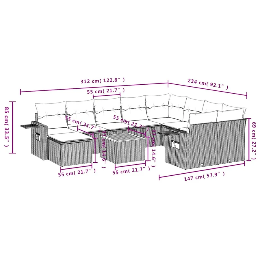 Ensemble de canapé de jardin 11 pcs avec coussins gris résine tressée - 10