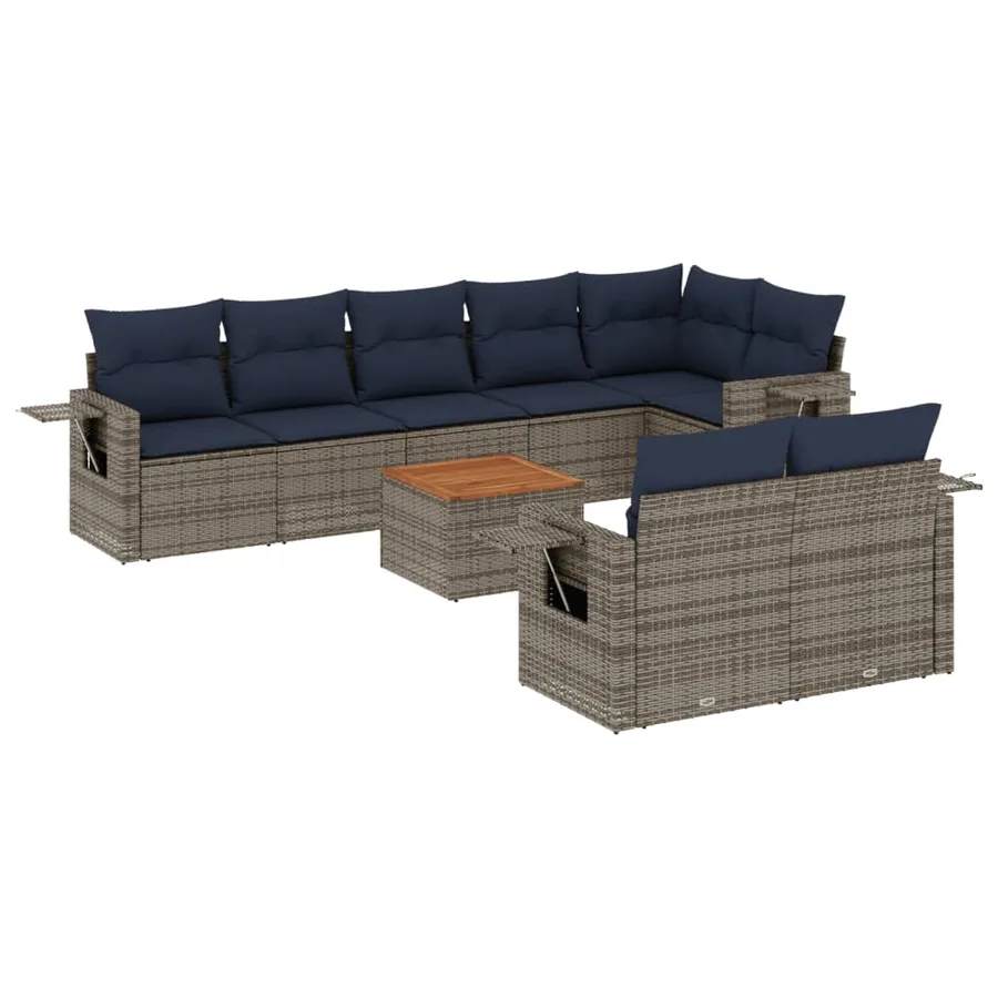 Ensemble de canapé de jardin 9 pcs avec coussins gris résine tressée - 2