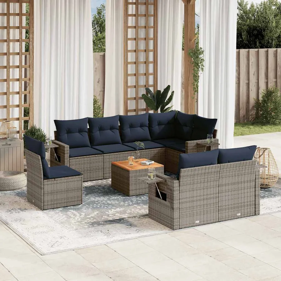 Ensemble de canapé de jardin 9 pcs avec coussins gris résine tressée