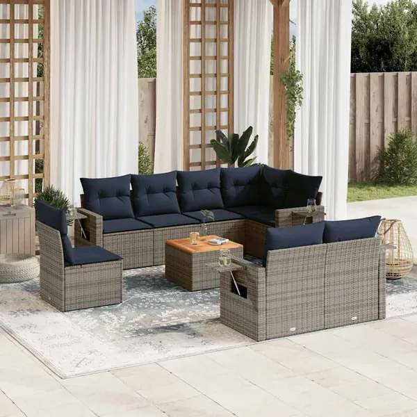 Ensemble de canapé de jardin 9 pcs avec coussins gris résine tressée