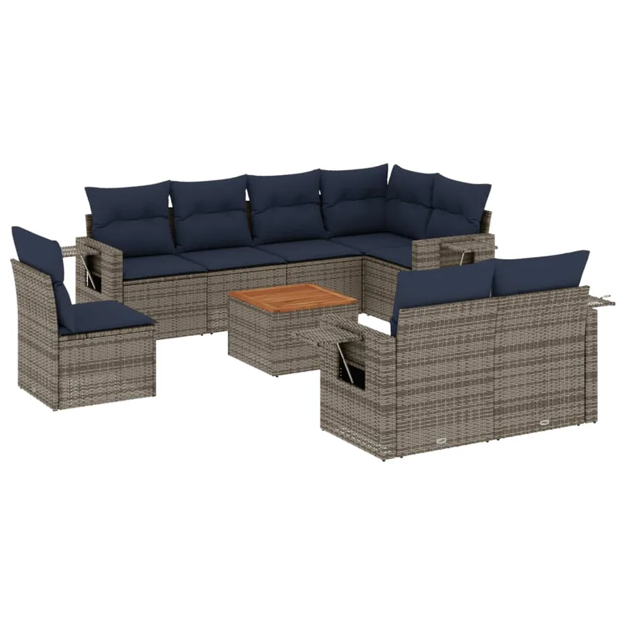 Ensemble de canapé de jardin 9 pcs avec coussins gris résine tressée - 2