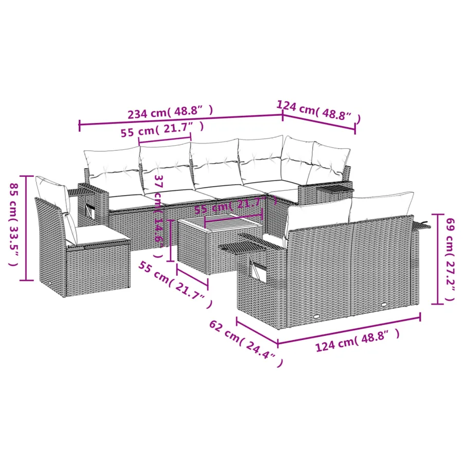Ensemble de canapé de jardin 9 pcs avec coussins gris résine tressée - 9