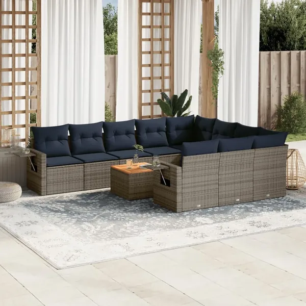 Ensemble de canapé de jardin 11 pcs avec coussins gris résine tressée