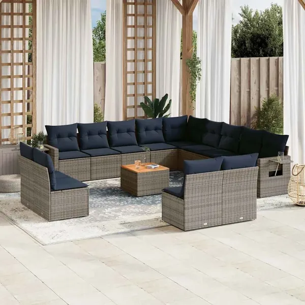 Ensemble de canapé de jardin 14 pcs avec coussins gris résine tressée