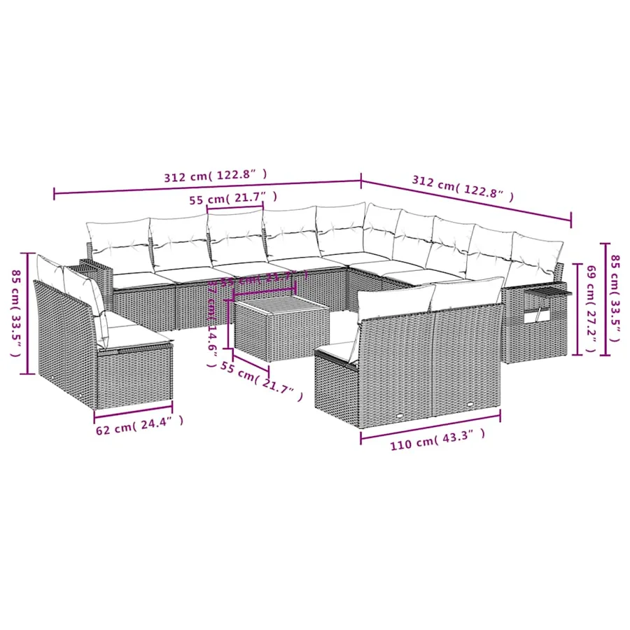 Ensemble de canapé de jardin 14 pcs avec coussins gris résine tressée - 9