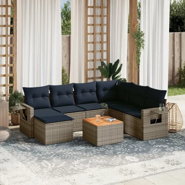 Ensemble de canapé de jardin 8 pcs avec coussins gris résine tressée