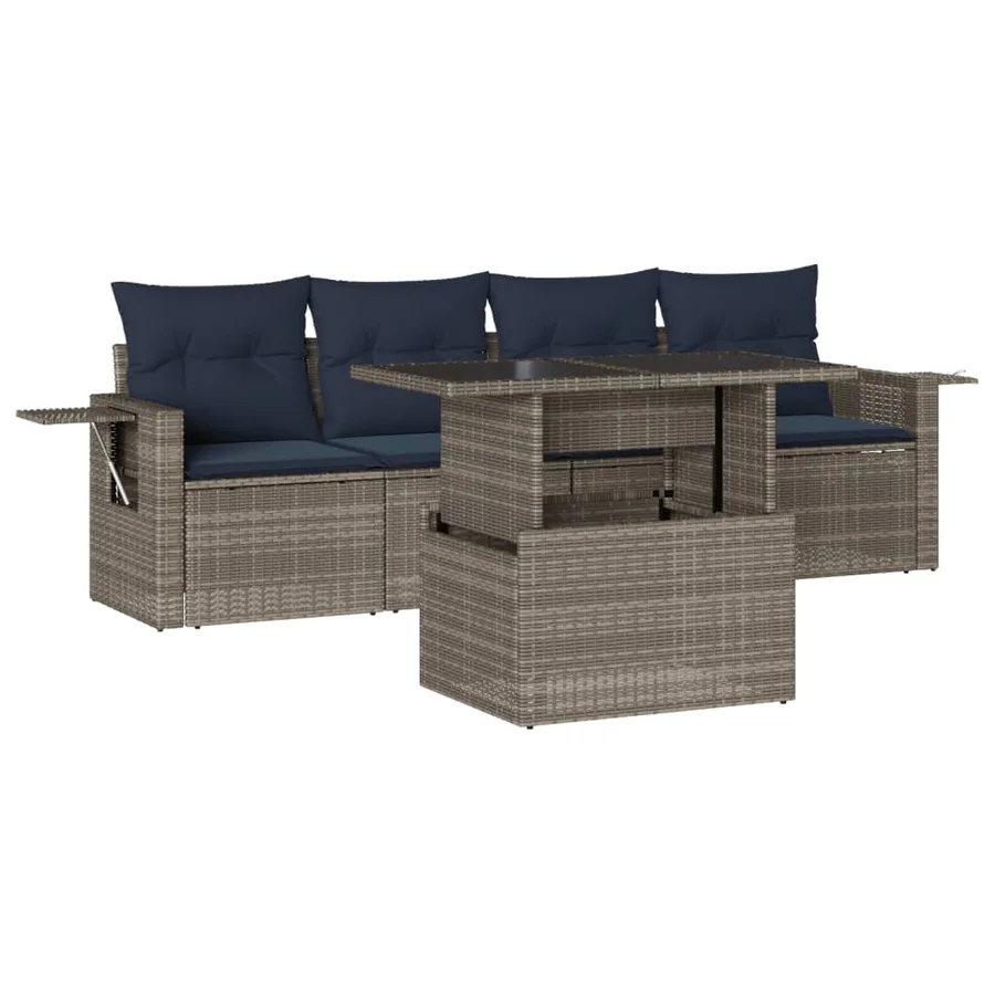 Ensemble de canapé de jardin 5 pcs avec coussins gris résine tressée - 2