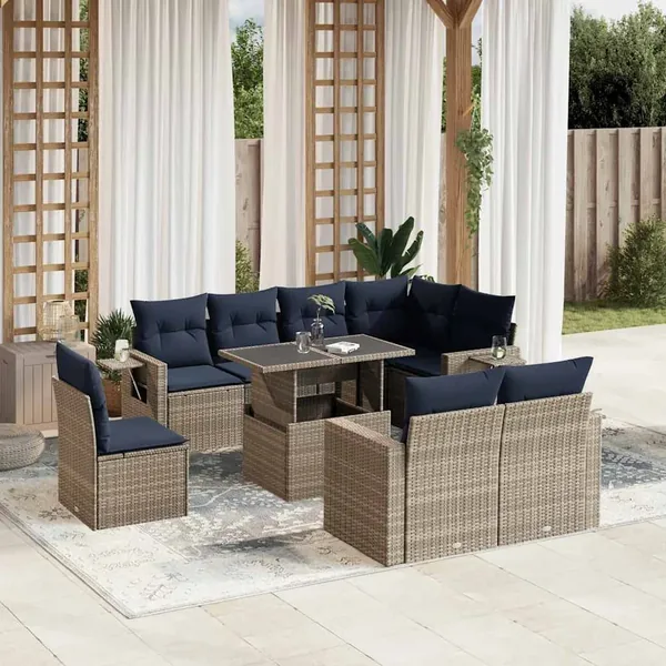 Ensemble de canapé de jardin 9 pcs avec coussins gris résine tressée