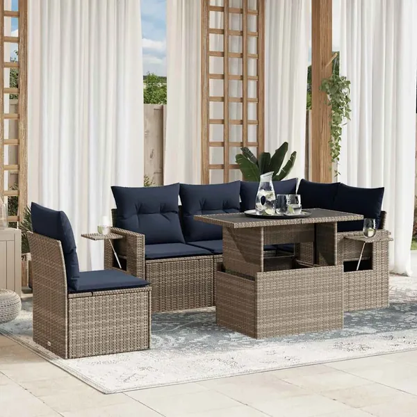 Ensemble de canapé de jardin 6 pcs avec coussins gris résine tressée