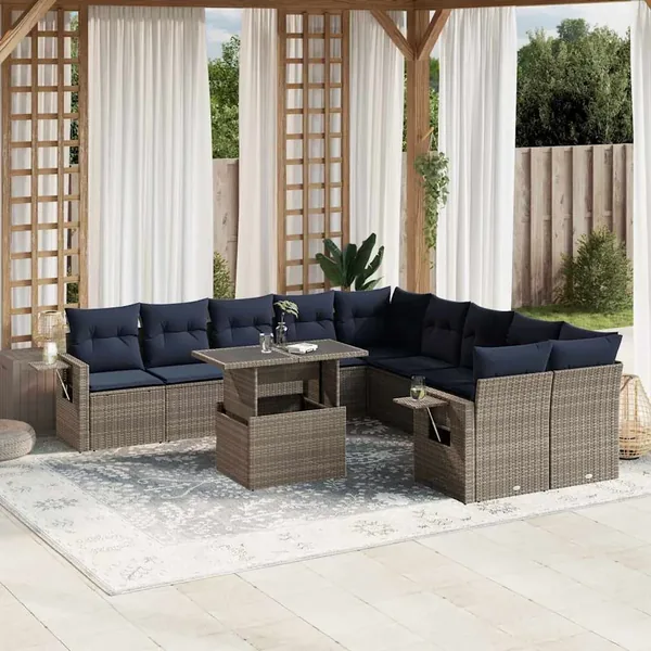 Ensemble de canapé de jardin 11 pcs avec coussins gris résine tressée
