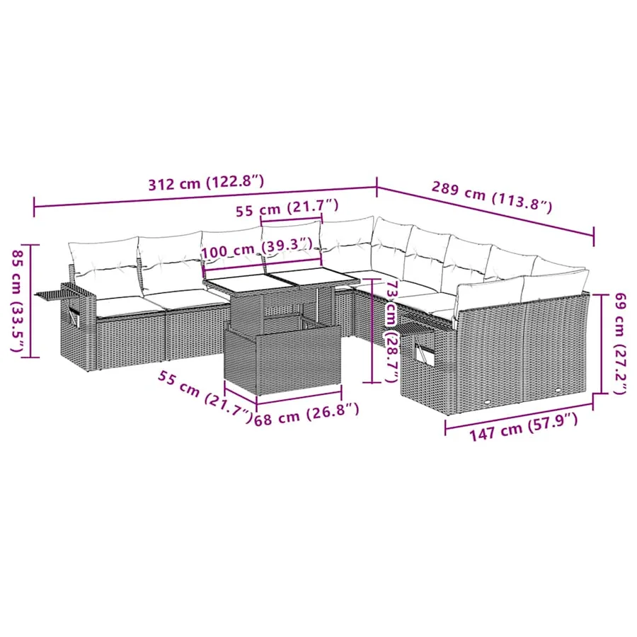 Ensemble de canapé de jardin 11 pcs avec coussins gris résine tressée - 11