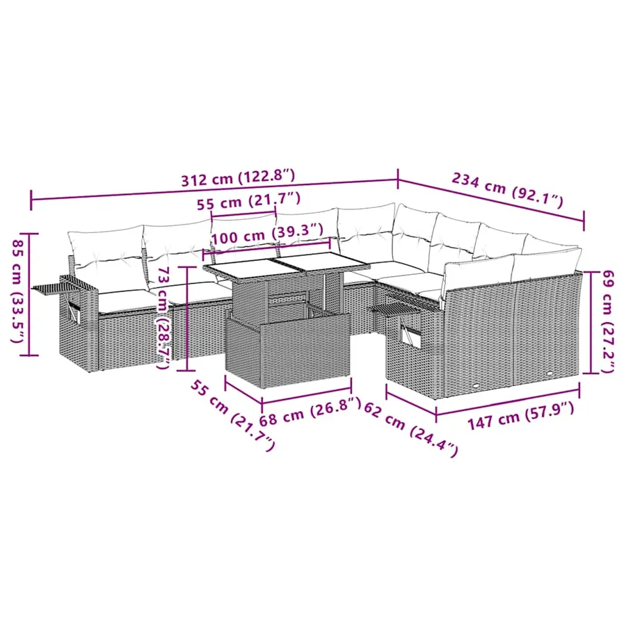 Ensemble de canapé de jardin 10 pcs avec coussins gris résine tressée - 11