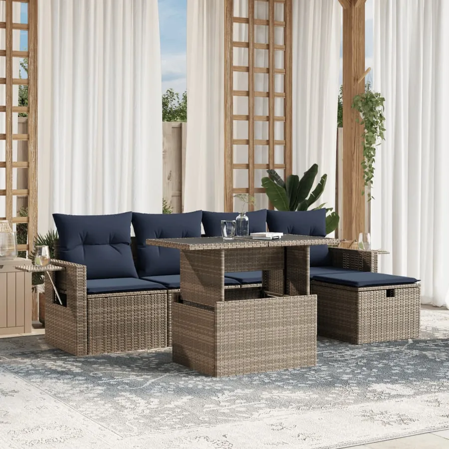 Ensemble de canapé de jardin 6 pcs avec coussins gris résine tressée