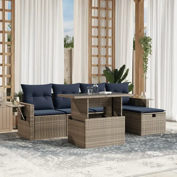 Ensemble de canapé de jardin 6 pcs avec coussins gris résine tressée