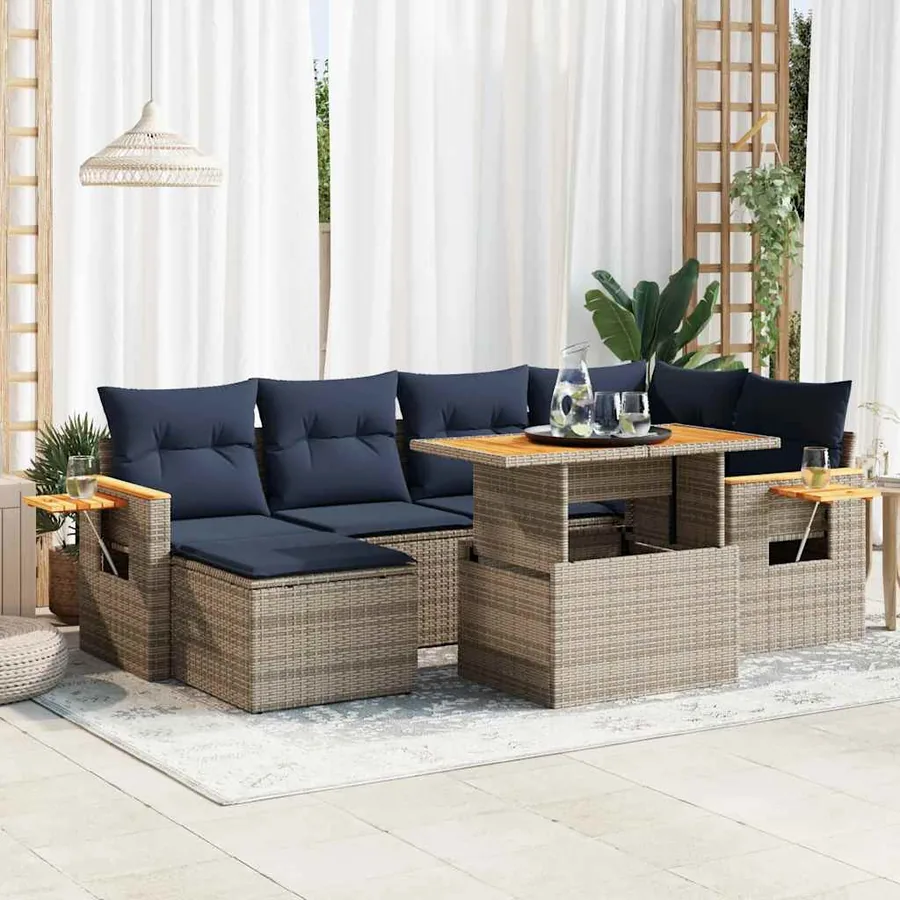 Salon de jardin avec coussins 7 pcs noir résine tressée acacia