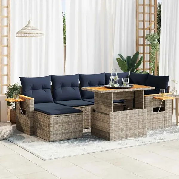 Salon de jardin avec coussins 7 pcs noir résine tressée acacia