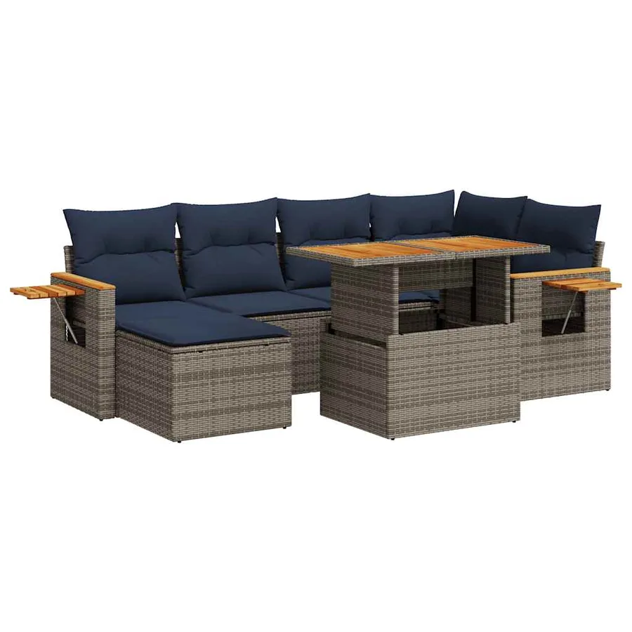 Salon de jardin avec coussins 7 pcs noir résine tressée acacia - 2