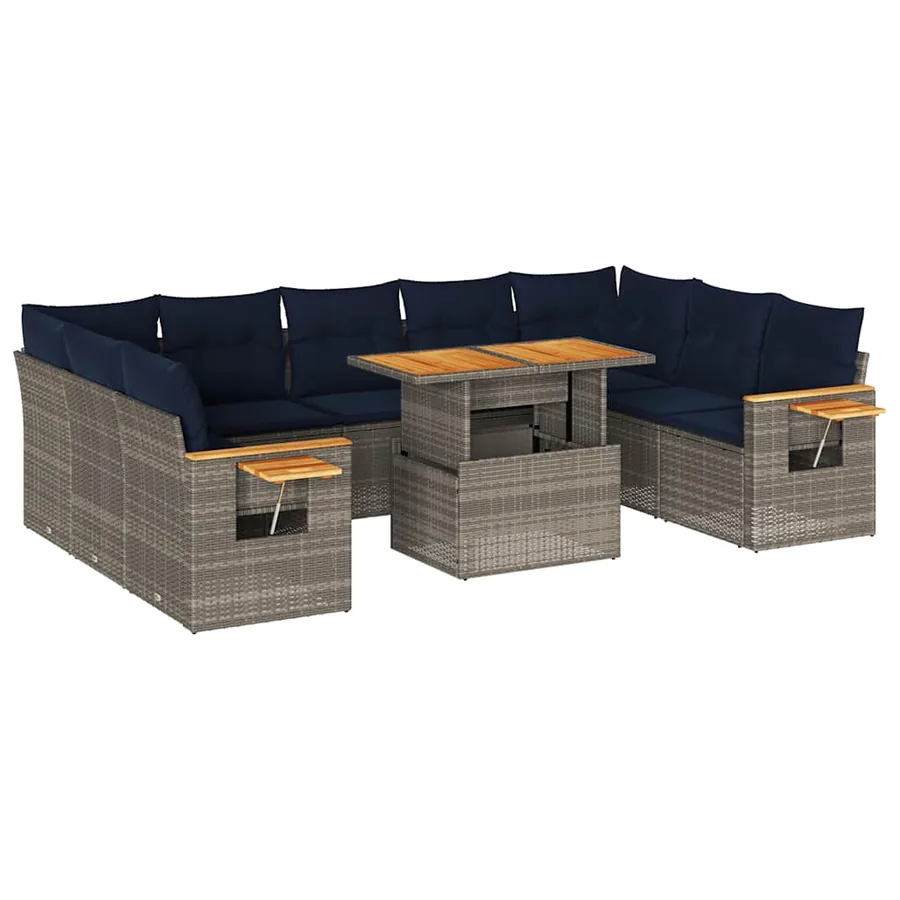 Salon de jardin avec coussins 10 pcs gris résine tressée acacia - 2