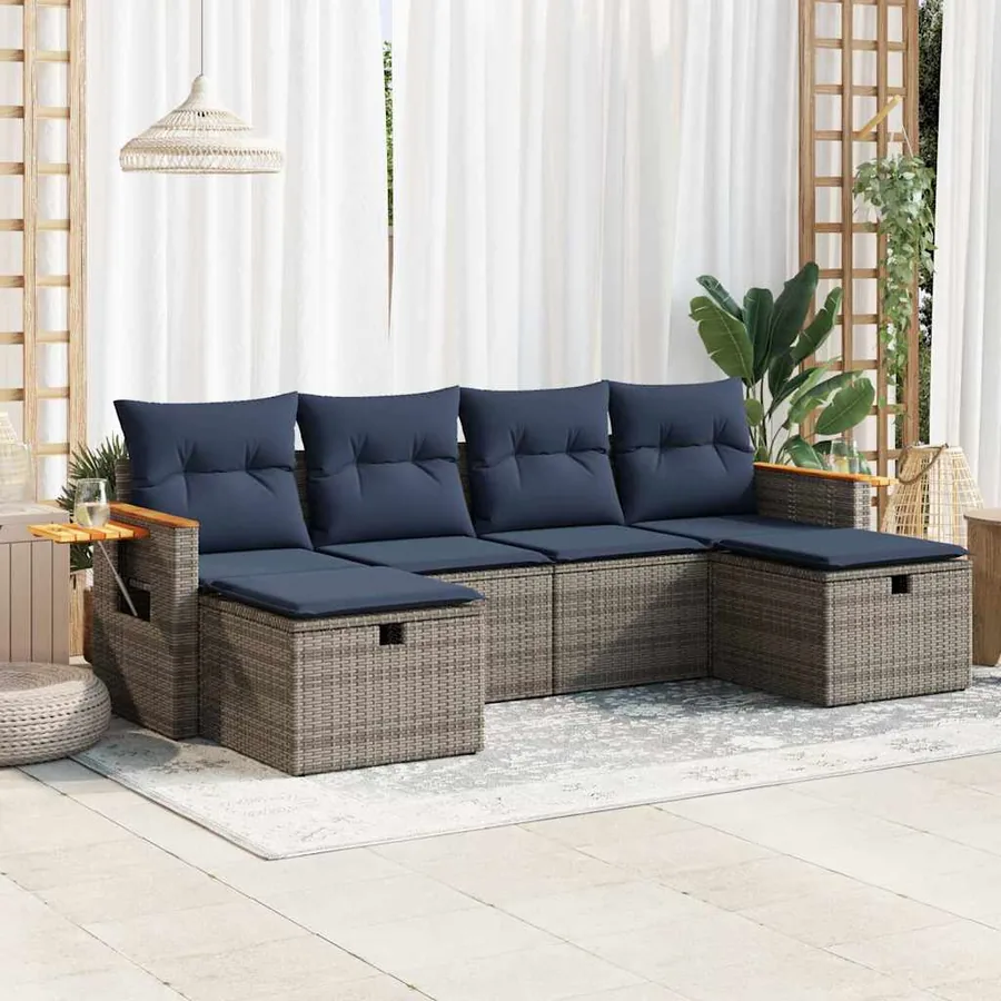 Salon de jardin 6 pcs avec coussins gris résine tressée