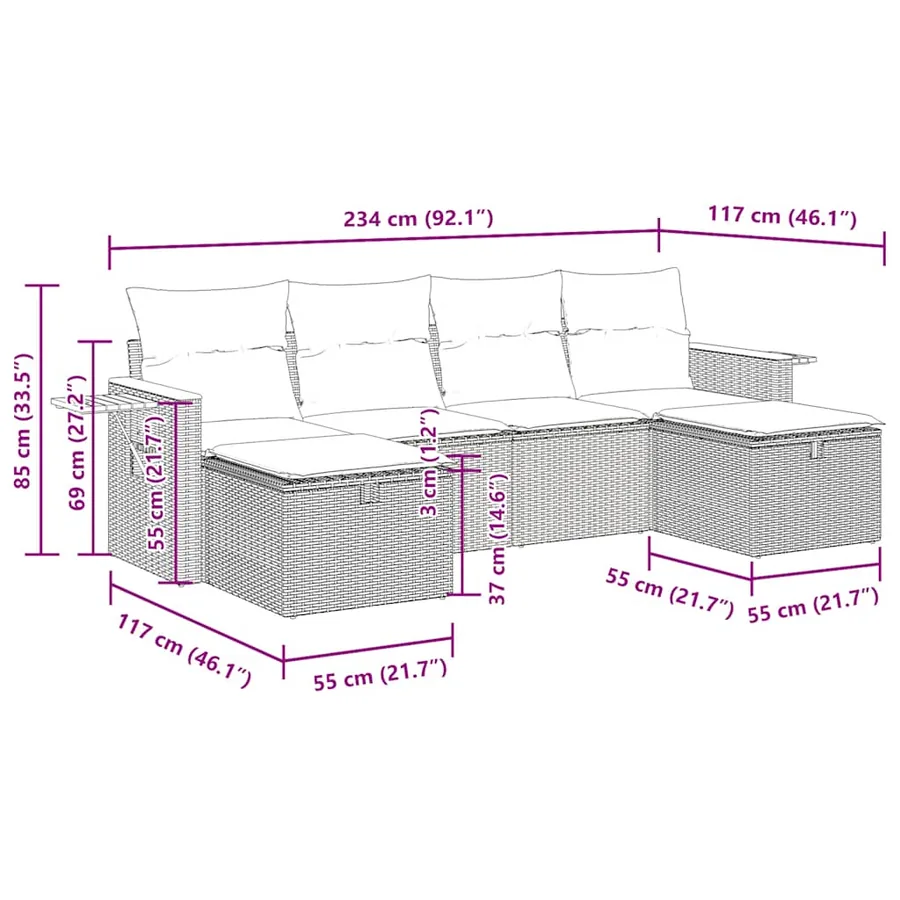 Salon de jardin 6 pcs avec coussins gris résine tressée - 13