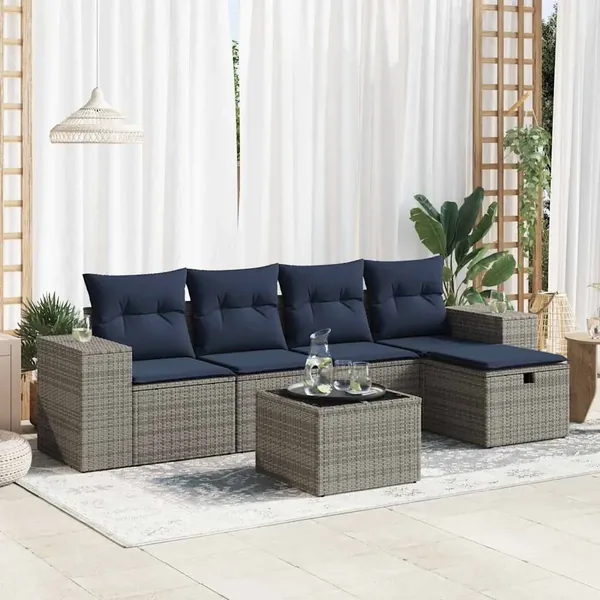Salon de jardin 6 pcs avec coussins gris résine tressée
