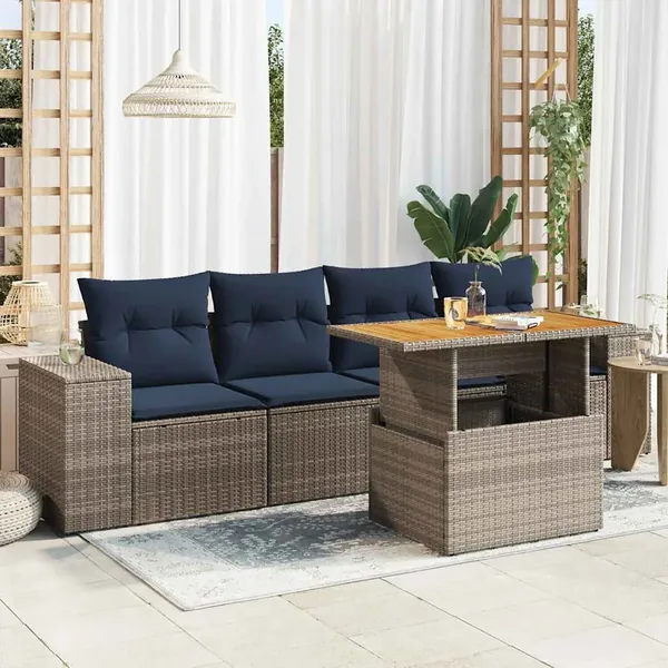 Salon de jardin 5 pcs avec coussins gris résine tressée