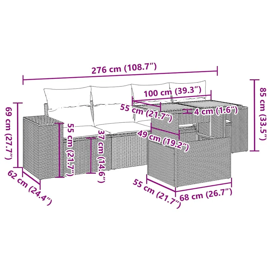 Salon de jardin 5 pcs avec coussins gris résine tressée - 12