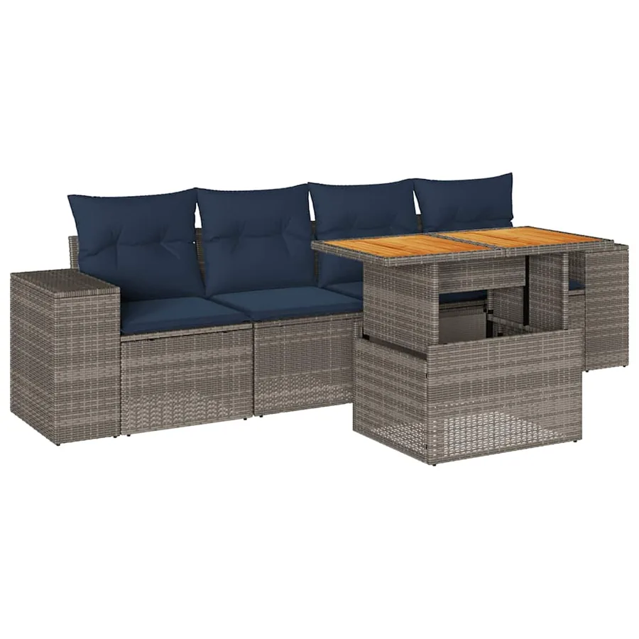 Salon de jardin 5 pcs avec coussins gris résine tressée - 2