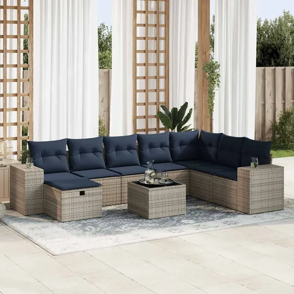Salon de jardin 9 pcs avec coussins gris résine tressée