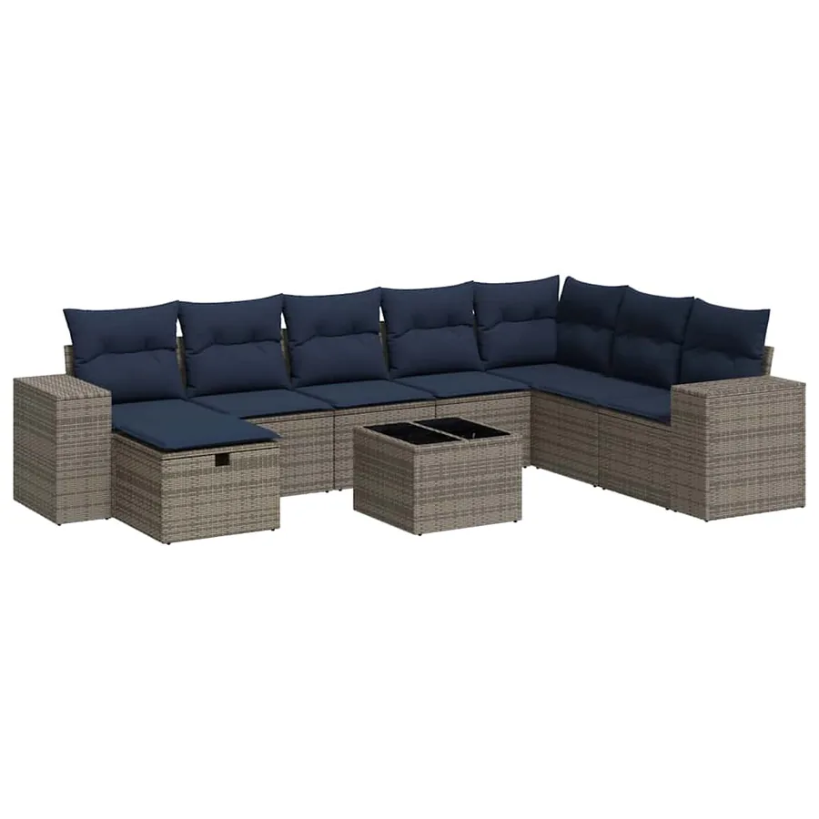 Salon de jardin 9 pcs avec coussins gris résine tressée - 2