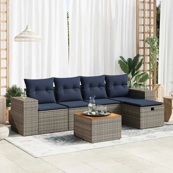Salon de jardin 6 pcs avec coussins gris résine tressée